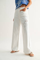 Pipa Embroidered White Wide-Leg Trousers with Cutout S