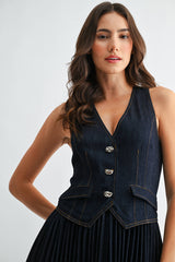 Wren Denim V-Neck Buttoned Vest Pleated Dress