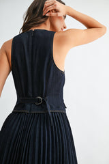 Wren Denim V-Neck Buttoned Vest Pleated Dress