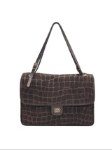 Large Genuine Leather & Suede Croc-Embossed Shoulder Bag, Made in Italy, art. 112783: Dark Brown