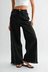 Quinn High-Waisted Black Wide-Leg Denim Stud Pants S-M-L (3-2-1) BLACK WASH