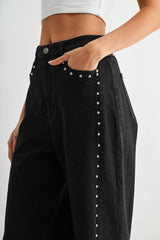 Quinn High-Waisted Black Wide-Leg Denim Stud Pants