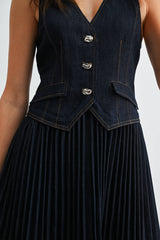 Wren Denim V-Neck Buttoned Vest Pleated Dress