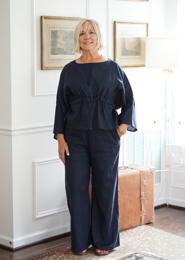 Lifestyle Washed Linen Half Sleeve Waist Tie Top // Navy