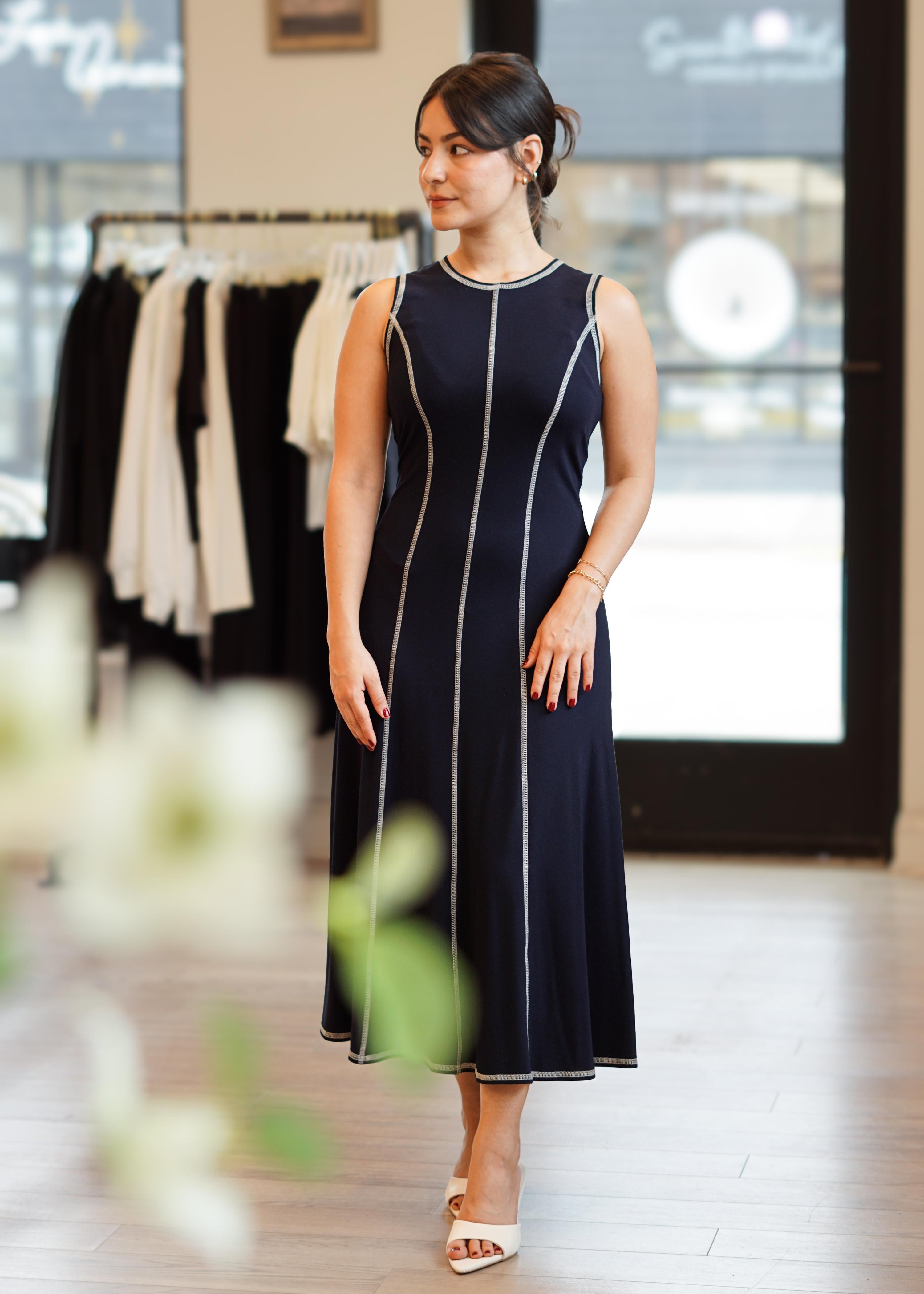 Karen Kane Sleeveless Stitch Detail Midi Dress - Navy