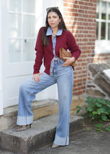SWEATER JACKET W/ DENIM DTL // Maroon