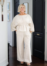 Loungewear Washed Linen Half Sleeve Waist Tie Top // Natural