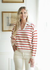 Lifestyle Lou Stripe Polo Sweater // Red & Ecru