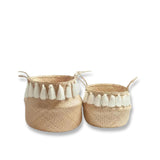Decorative Storage Hand-Woven White Tassel Belly Basket
