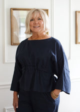 Lifestyle Washed Linen Half Sleeve Waist Tie Top // Navy