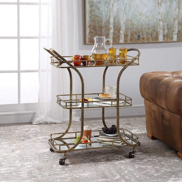 Furniture Gold Mirrored Serving Bar Cart