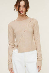 MT1406 LONG SLEEVE KNIT TOP WITH ASYMMETRICAL BUTTON CLOSURE