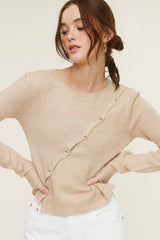 MT1406 LONG SLEEVE KNIT TOP WITH ASYMMETRICAL BUTTON CLOSURE Beige M