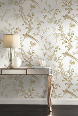 Wallpaper Bird & Blossom Chinoserie Wallpaper // White & Gold