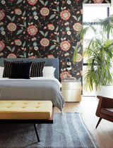 Wallpaper Dahlia Blooms Wallpaper // Black & Pink Metallic