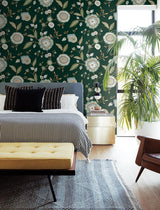 Wallpaper Dahlia Blooms Wallpaper // Green & Blue Metallic