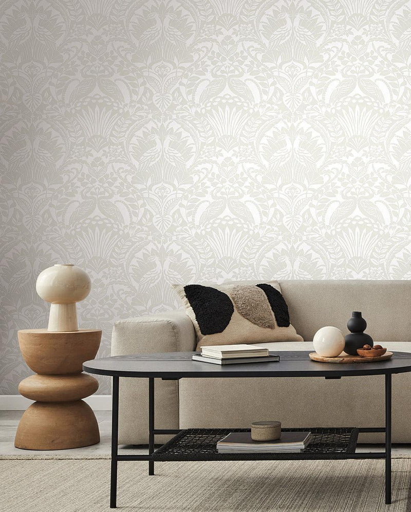 Wallpaper Egret Damask Wallpaper // White & Cream 