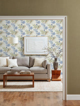 Wallpaper Handpainted Songbird Wallpaper // Green & Blue