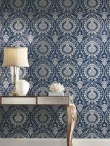 Wallpaper Imperial Damask Wallpaper // Navy & Silver
