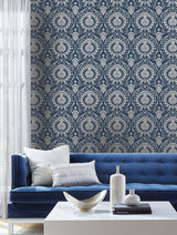 Wallpaper Imperial Damask Wallpaper // Navy & Silver
