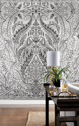 Wallpaper Jaipur Paisley Damas Wall Mural // Black & White