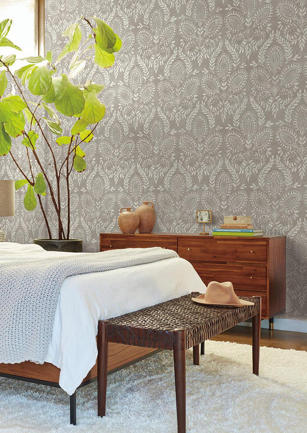 Wallpaper Laurel Damask Wallpaper // Brown