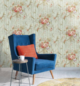 Wallpaper Parrots with Floral Bouquets Wallpaper // Blue