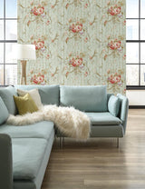 Wallpaper Parrots with Floral Bouquets Wallpaper // Blue