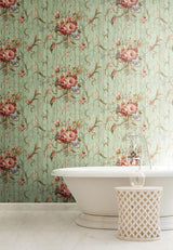 Wallpaper Parrots with Floral Bouquets Wallpaper // Blue