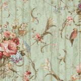 Wallpaper Parrots with Floral Bouquets Wallpaper // Blue