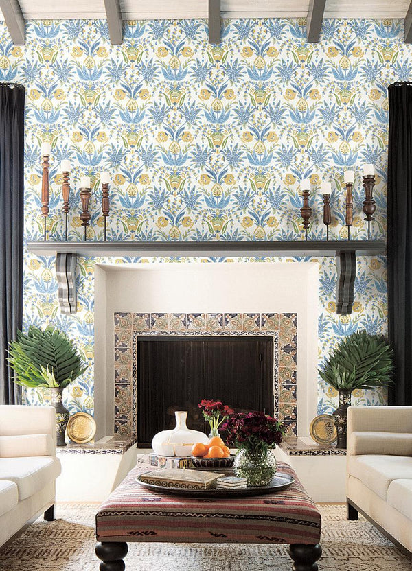 Wallpaper Seaside Jacobean Wallpaper // Yellow & Blue