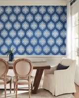 Wallpaper Signet Medallion Damask Wallpaper // Blue