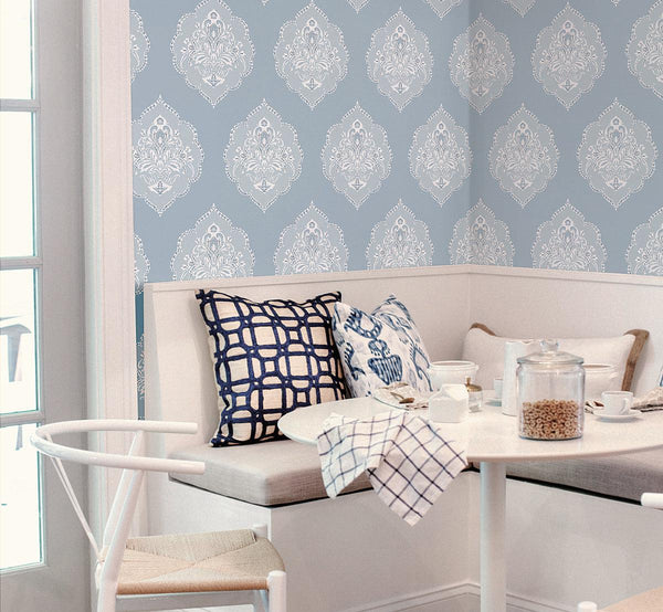 Wallpaper Signet Medallion Damask Wallpaper // Blue
