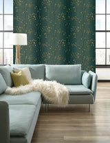 Wallpaper Vertical Blossoms Wallpaper // Teal Metallic