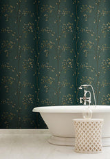 Wallpaper Vertical Blossoms Wallpaper // Teal Metallic