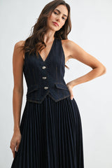 Wren Denim V-Neck Buttoned Vest Pleated Dress