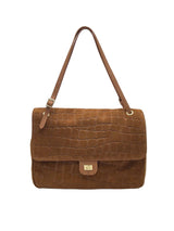 Large Genuine Leather & Suede Croc-Embossed Shoulder Bag, Made in Italy, art. 112783: Taupe