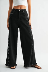 Quinn High-Waisted Black Wide-Leg Denim Stud Pants
