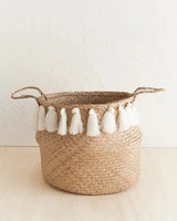 Decorative Storage Hand-Woven White Tassel Belly Basket