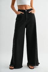  Quinn High-Waisted Black Wide-Leg Denim Stud Pants 