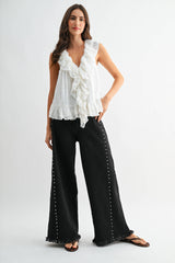  Quinn High-Waisted Black Wide-Leg Denim Stud Pants 