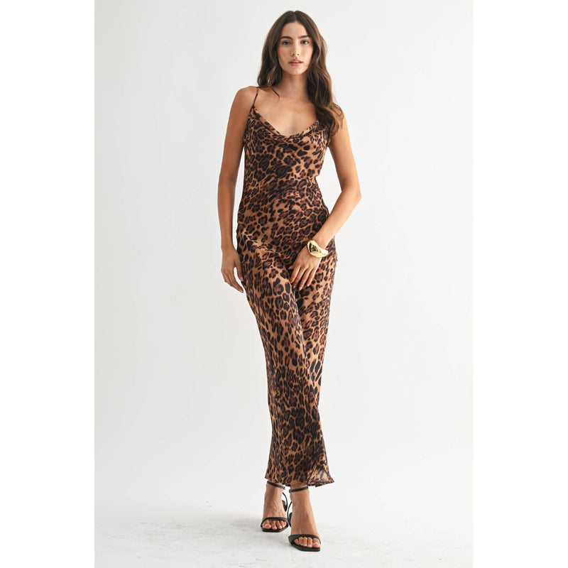  Valentina Leopard Cowl Neck Maxi Dress S 