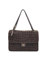 Large Genuine Leather & Suede Croc-Embossed Shoulder Bag, Made in Italy, art. 112783: Dark Brown 