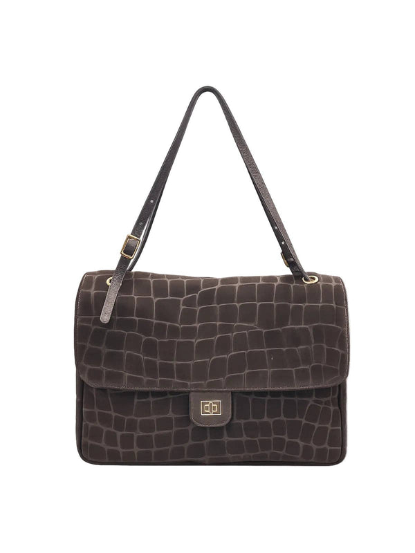  Large Genuine Leather & Suede Croc-Embossed Shoulder Bag, Made in Italy, art. 112783: Dark Brown 