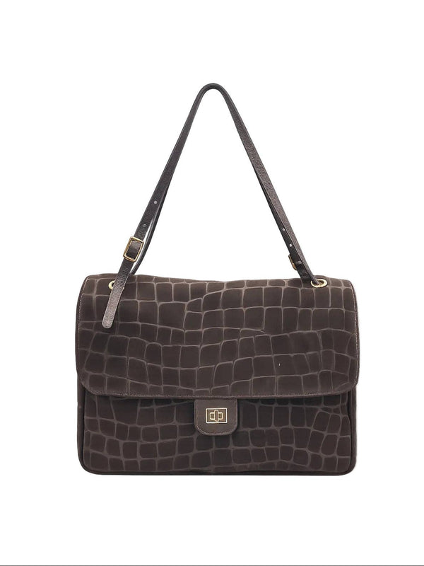  Large Genuine Leather & Suede Croc-Embossed Shoulder Bag, Made in Italy, art. 112783: Dark Brown 