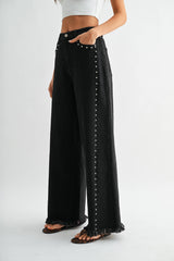  Quinn High-Waisted Black Wide-Leg Denim Stud Pants 