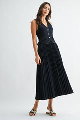  Wren Denim V-Neck Buttoned Vest Pleated Dress 