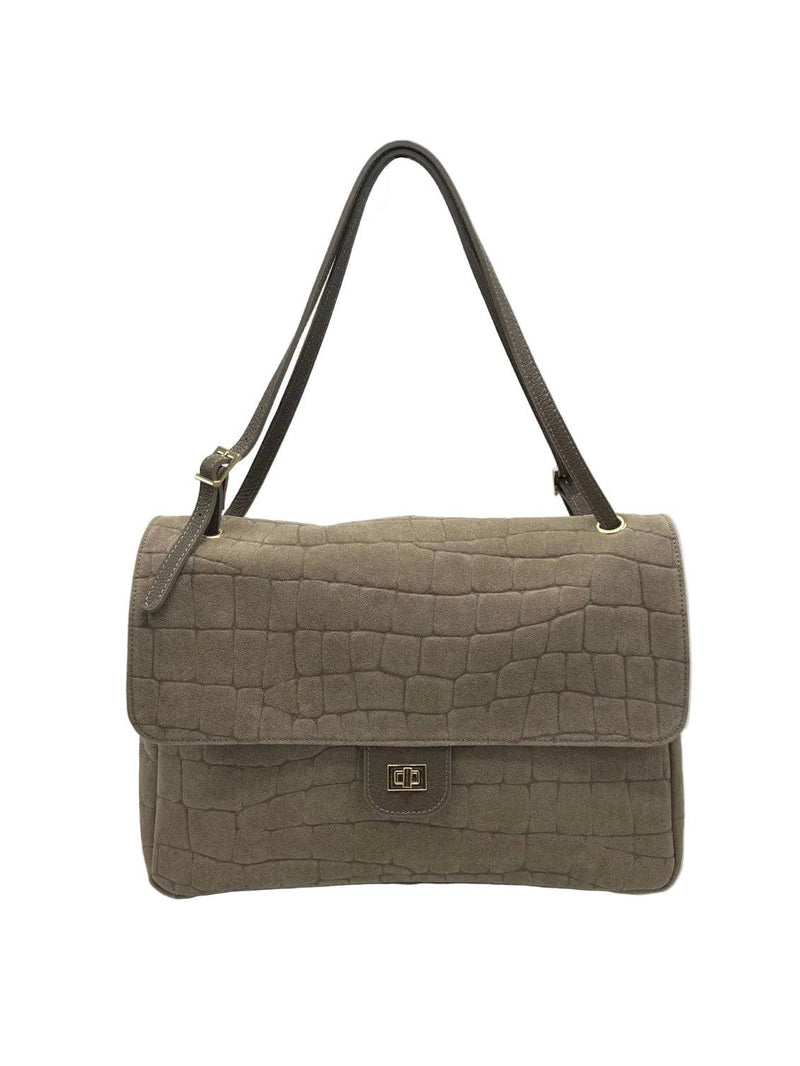  Large Genuine Leather & Suede Croc-Embossed Shoulder Bag, Made in Italy, art. 112783: Taupe 