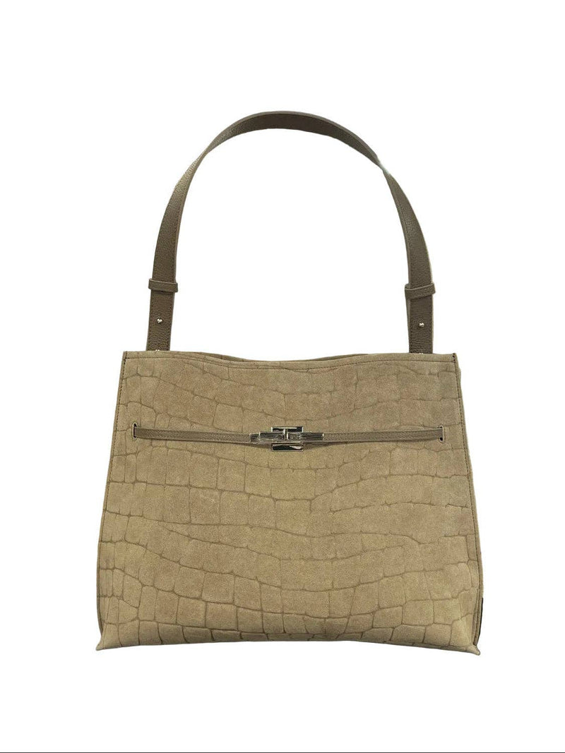  Genuine Leather & Suede Croc-Embossed Shoulder Tote, Made in Italy, art. 112784: Taupe 