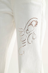  Pipa Embroidered White Wide-Leg Trousers with Cutout 